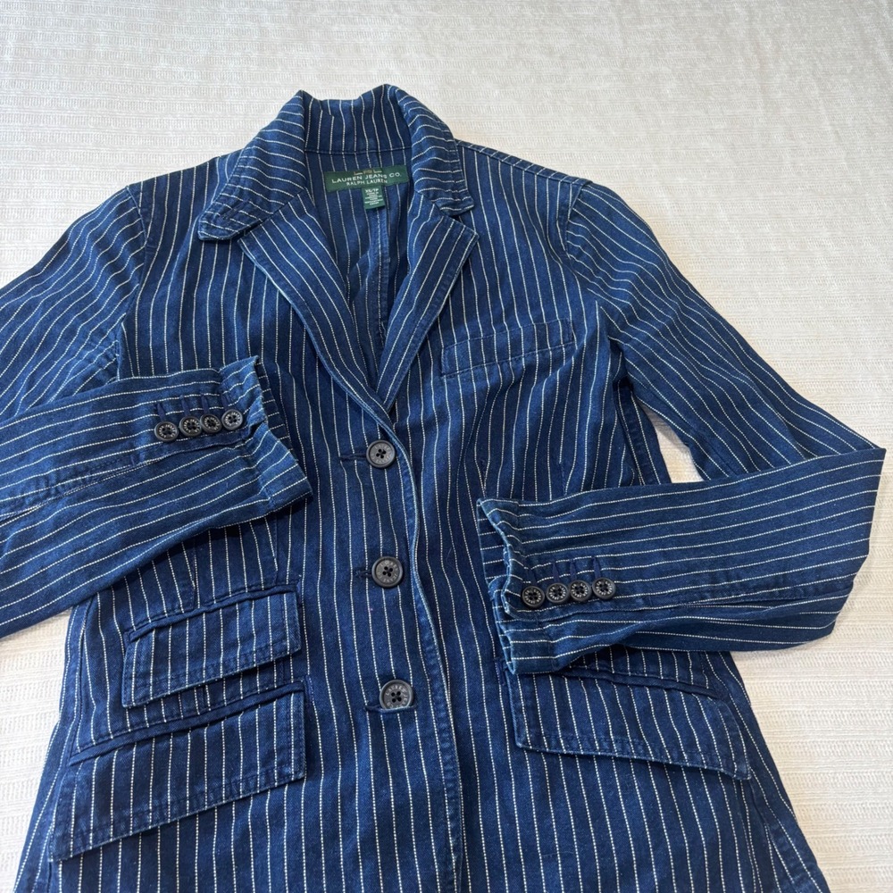 Lauren Ralph Lauren Pinstripe Denim Blazer Jacket Indigo Blue Cotton XS